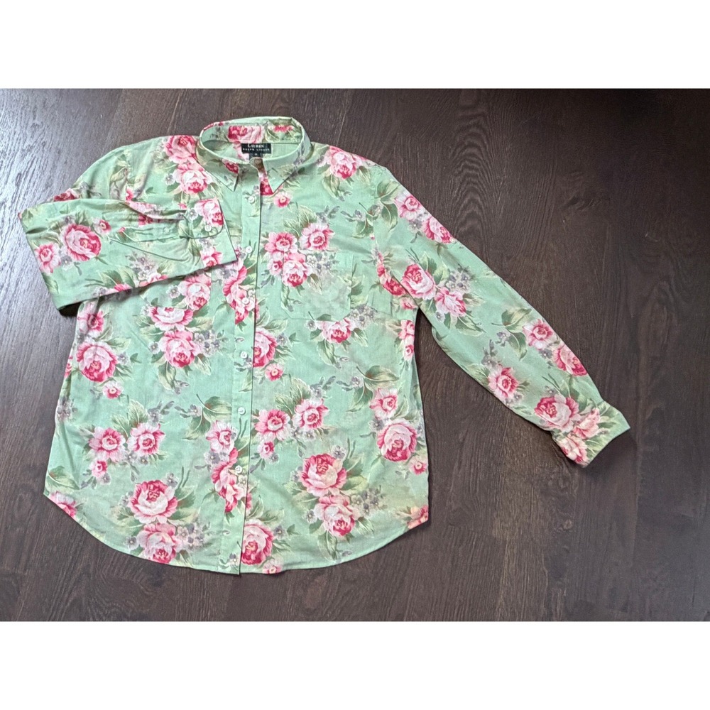 Lauren Ralph Lauren Women 1X Sage Green Pink Rose Floral Cotton Shirt Cottage - Picture 3 of 5